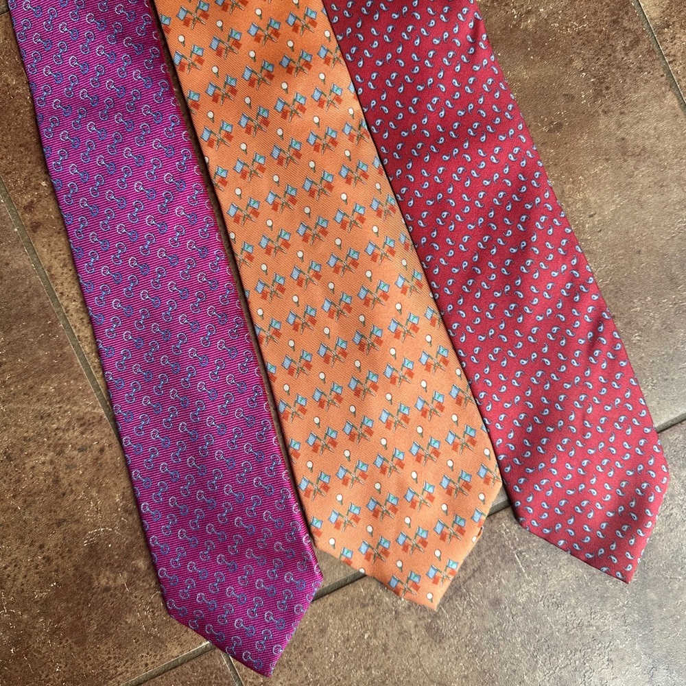 Bobby Jones Zarlini Handmade Silk ties (3) orange fuchsia blue paisley flags
